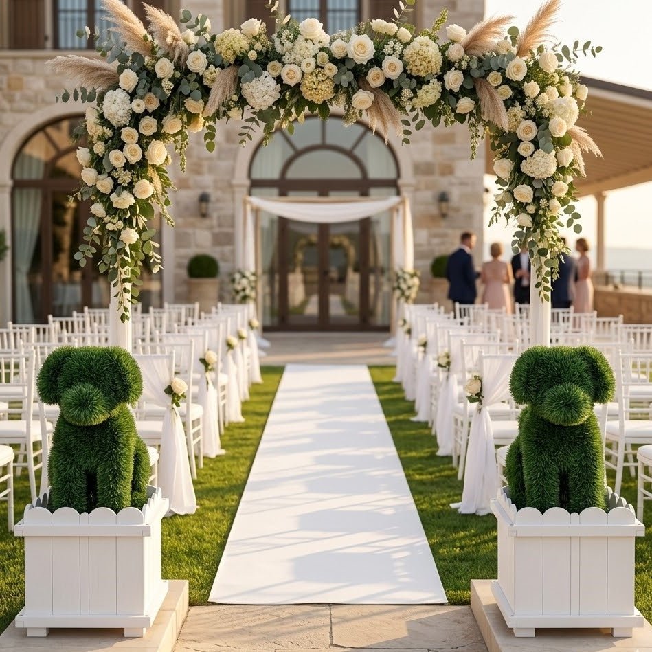 Artificial Dog Topiary with White Planter Box - Faux Grass Puppy Sculpture for Front Door, Porch & Garden Décor - CrazyAnt