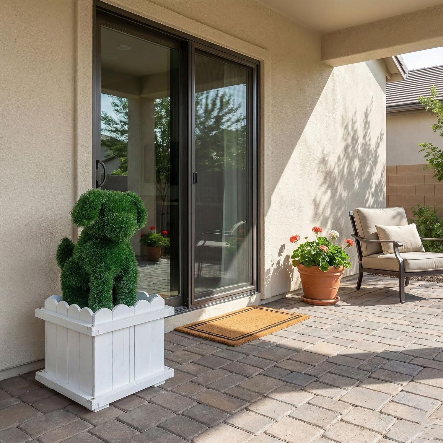 Artificial Dog Topiary with White Planter Box - Faux Grass Puppy Sculpture for Front Door, Porch & Garden Décor - CrazyAnt