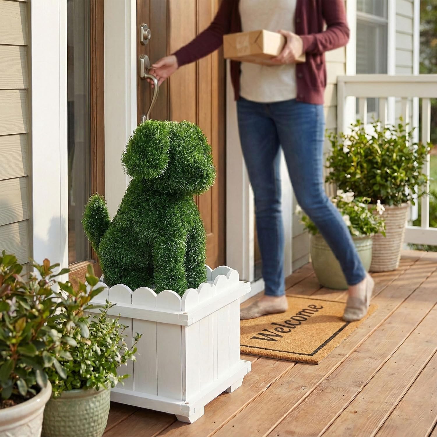 Artificial Dog Topiary with White Planter Box - Faux Grass Puppy Sculpture for Front Door, Porch & Garden Décor - CrazyAnt