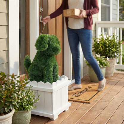 Artificial Dog Topiary with White Planter Box - Faux Grass Puppy Sculpture for Front Door, Porch & Garden Décor - CrazyAnt