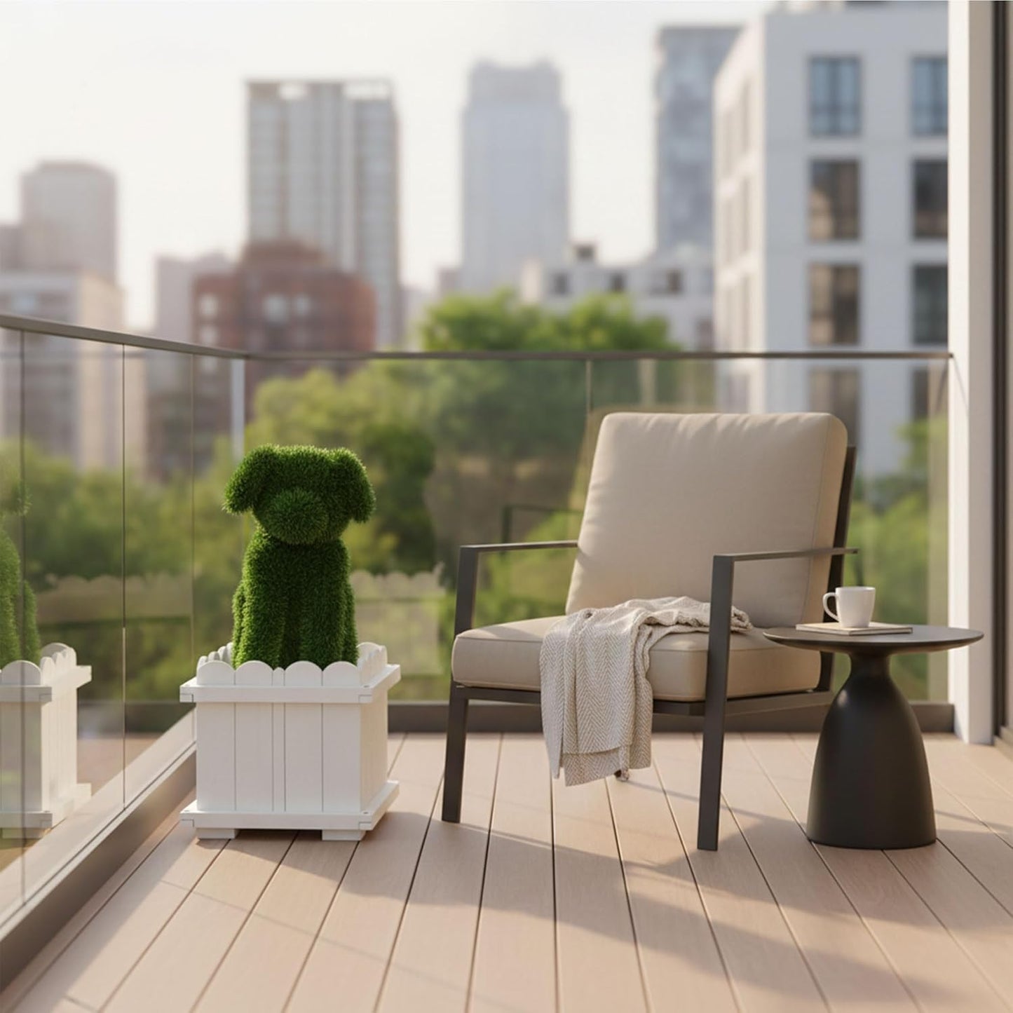 Artificial Dog Topiary with White Planter Box - Faux Grass Puppy Sculpture for Front Door, Porch & Garden Décor - CrazyAnt