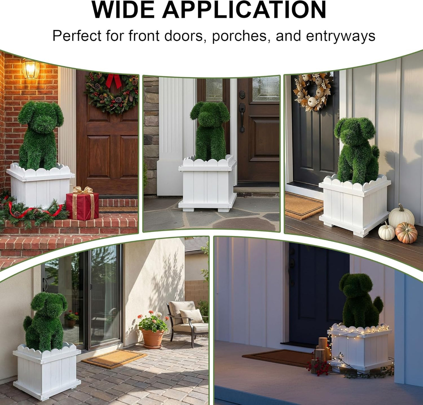 Artificial Dog Topiary with White Planter Box - Faux Grass Puppy Sculpture for Front Door, Porch & Garden Décor - CrazyAnt
