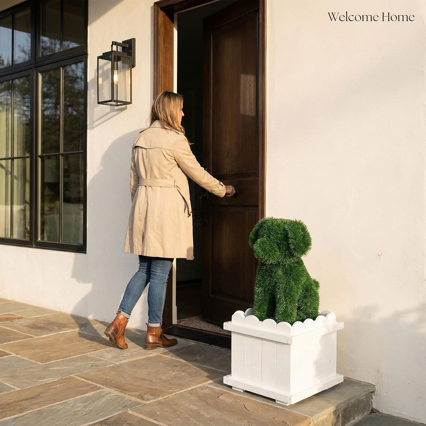 Artificial Dog Topiary with White Planter Box - Faux Grass Puppy Sculpture for Front Door, Porch & Garden Décor - CrazyAnt