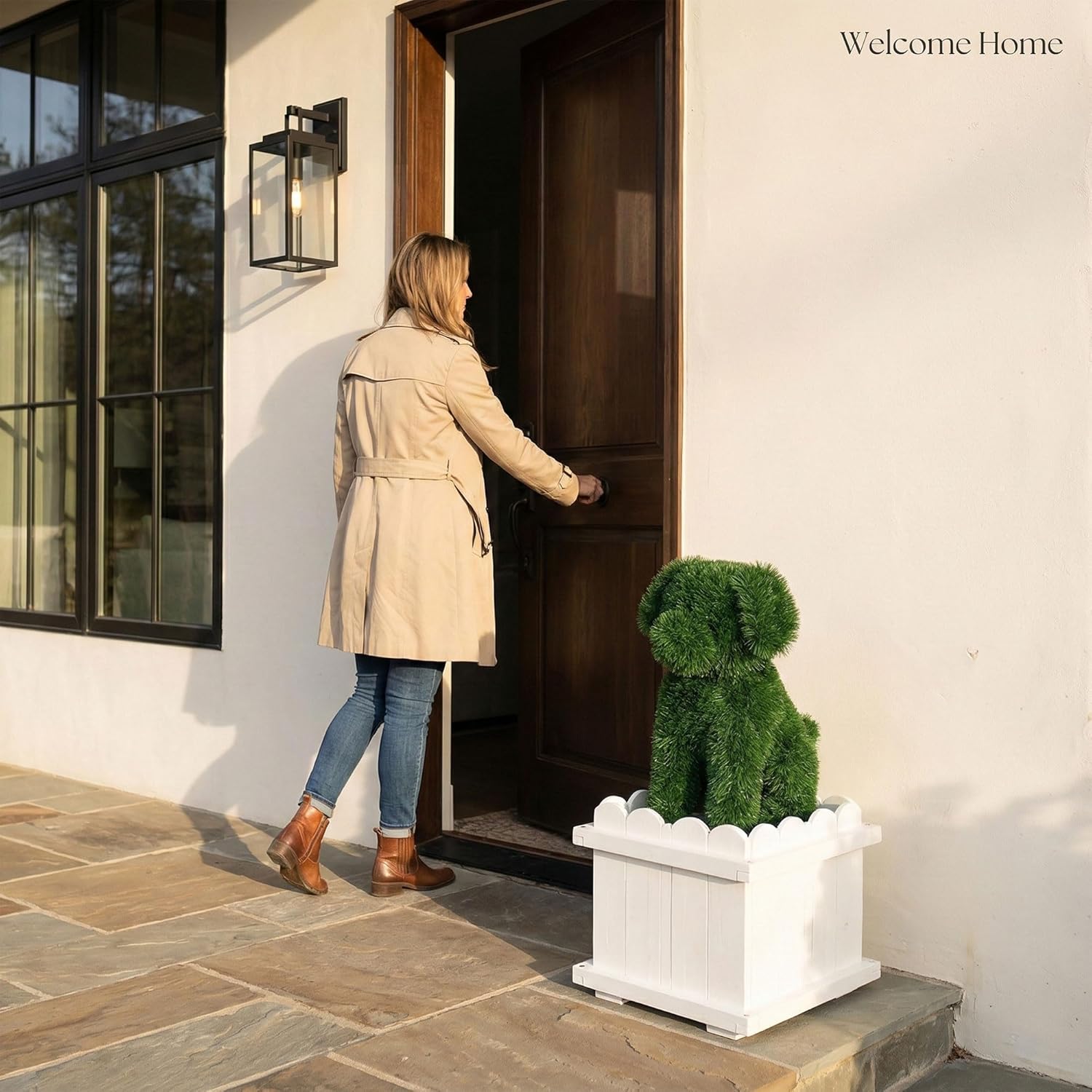 Artificial Dog Topiary with White Planter Box - Faux Grass Puppy Sculpture for Front Door, Porch & Garden Décor - CrazyAnt