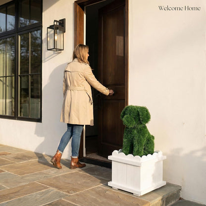 Artificial Dog Topiary with White Planter Box - Faux Grass Puppy Sculpture for Front Door, Porch & Garden Décor - CrazyAnt