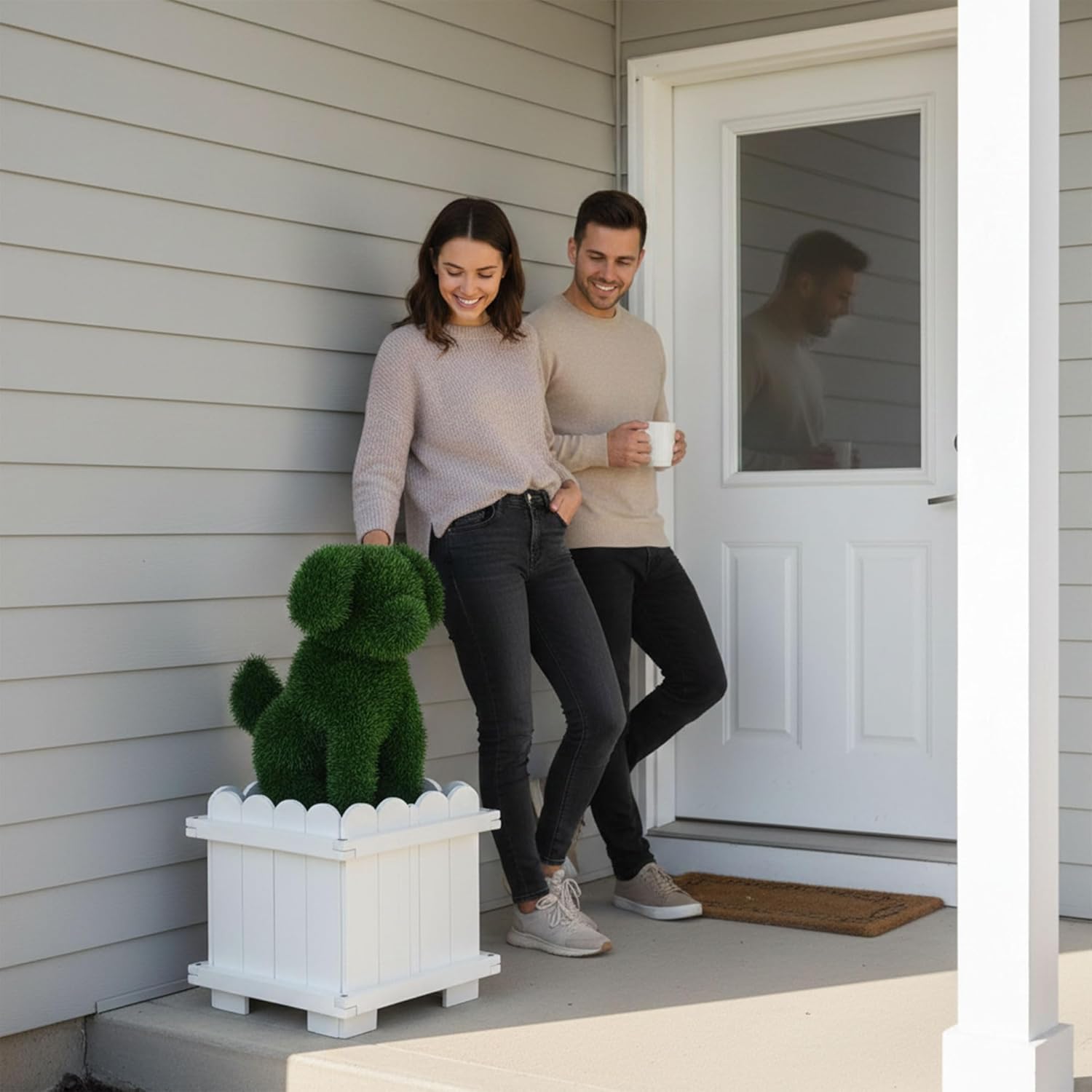 Artificial Dog Topiary with White Planter Box - Faux Grass Puppy Sculpture for Front Door, Porch & Garden Décor - CrazyAnt