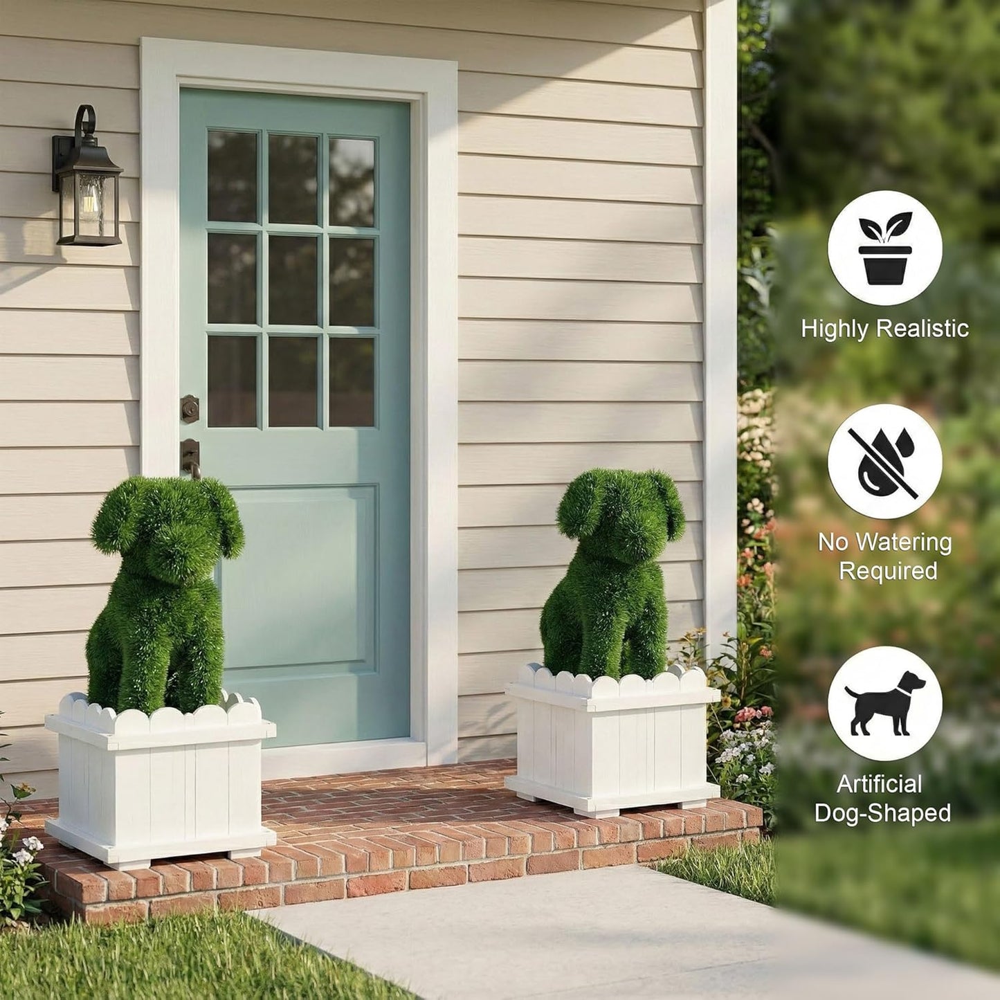 Artificial Dog Topiary with White Planter Box - Faux Grass Puppy Sculpture for Front Door, Porch & Garden Décor - CrazyAnt