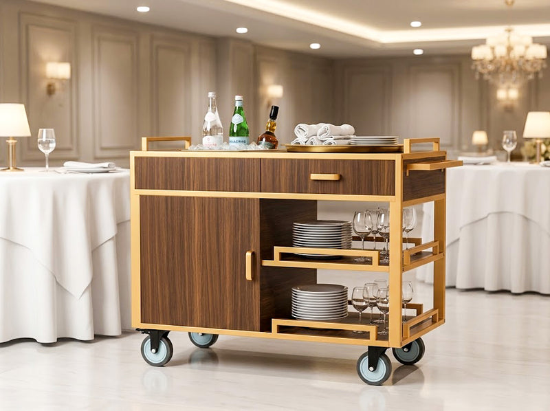 Service cart with cabinet in a banquet or event setup area for plates, folded linens, glassware, and hospitality service supplies