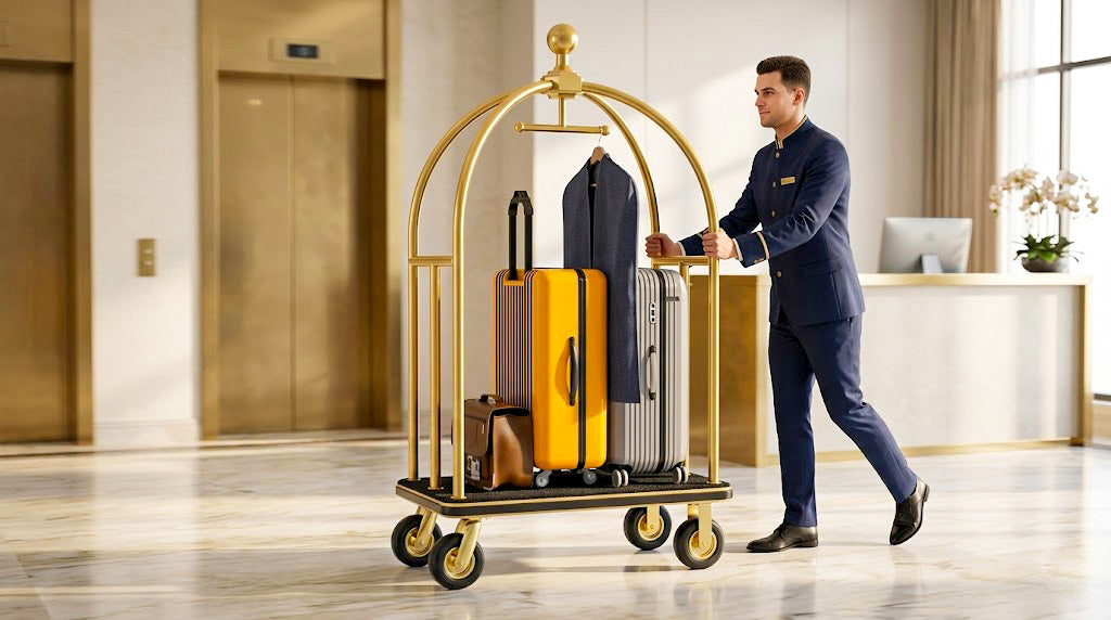 Bellman pushing a birdcage hotel luggage cart with guest luggage in a hotel lobby
