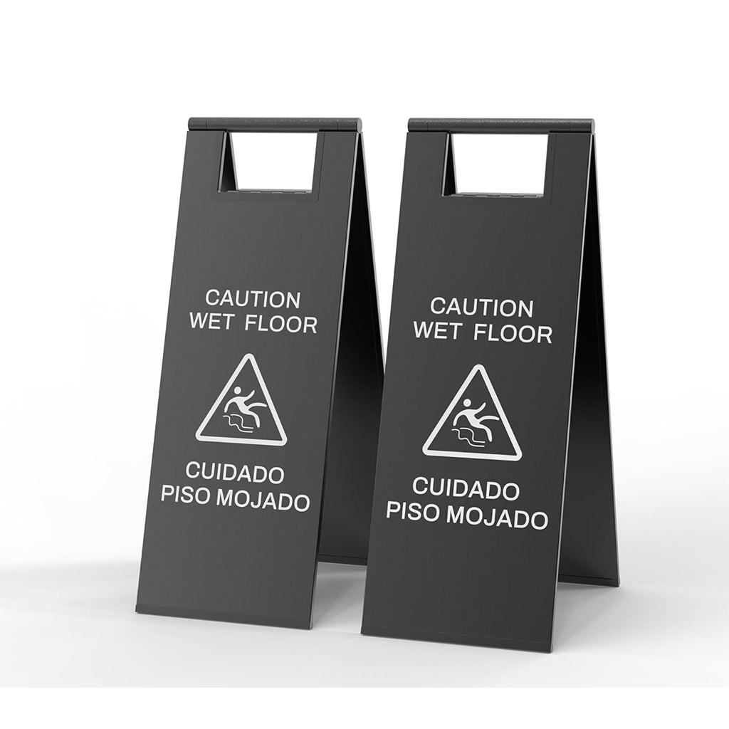 Modern black CAUTION WET FLOOR folding safety sign with white warning text and slip hazard icon - sleek caution sign for contemporary spaces