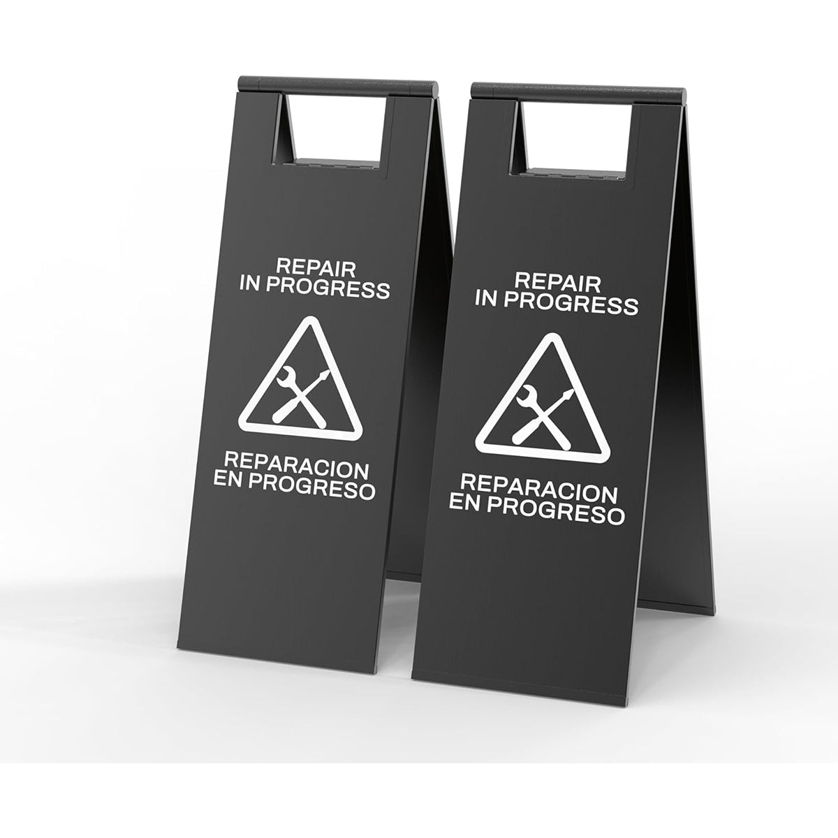 Black Repair In Progress folding safety sign with tool icons - bilingual maintenance caution sign for construction zones and work areas