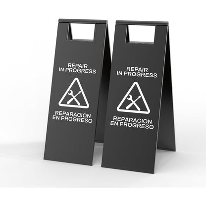 Black Repair In Progress folding safety sign with tool icons - bilingual maintenance caution sign for construction zones and work areas