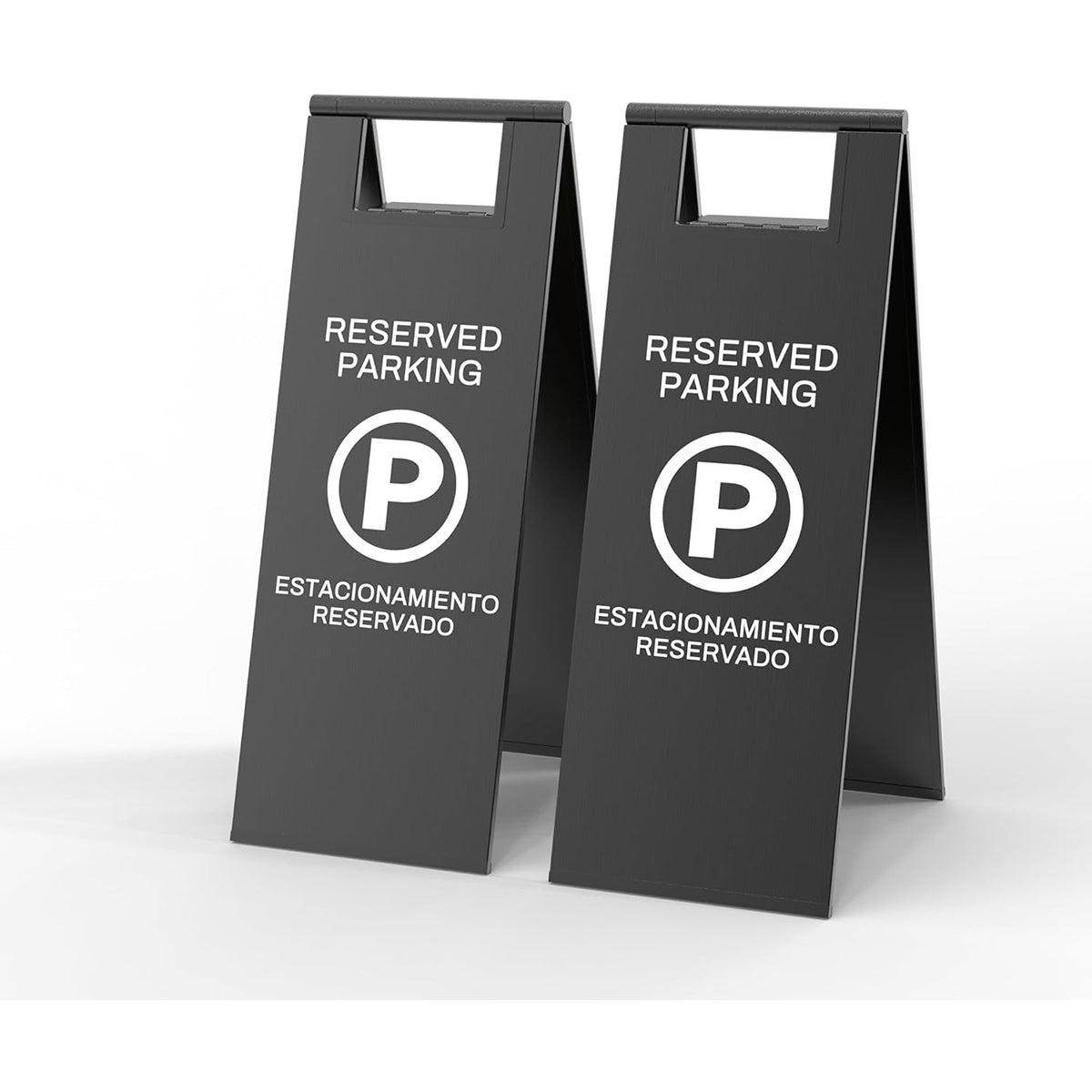 Modern black Reserved Parking folding safety sign with white text and parking symbol - sleek caution sign for contemporary parking management