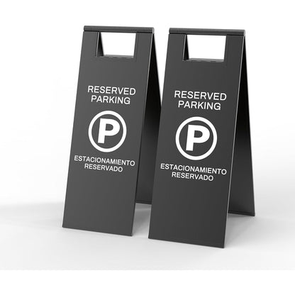 Modern black Reserved Parking folding safety sign with white text and parking symbol - sleek caution sign for contemporary parking management
