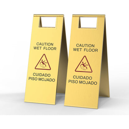 Premium brass gold CAUTION WET FLOOR folding safety sign with slip hazard warning symbol - luxury caution sign for upscale facilities