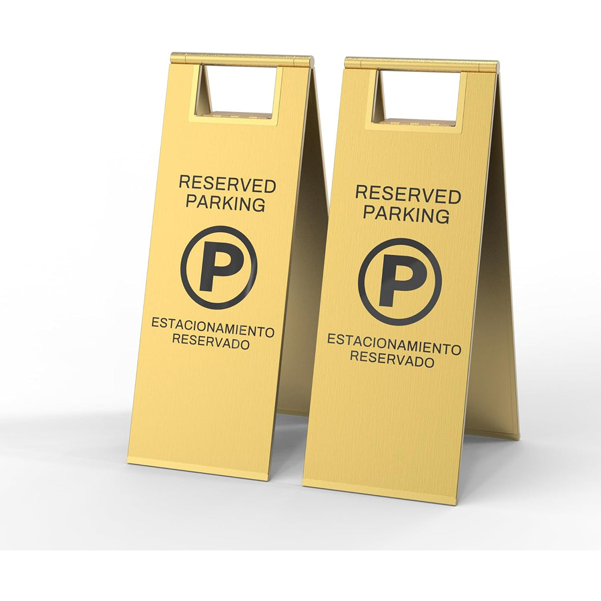 Premium brass gold Reserved Parking folding safety sign with P symbol - luxury caution sign for upscale parking areas and commercial facilities