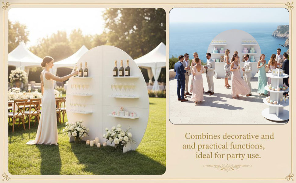 Decorated champagne wall showing shelves, glassware, signs, and removable event accessories