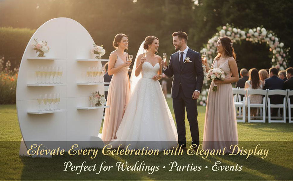 bride and groom celebrating with champagne wall display at outdoor wedding, elegant drink station for guests