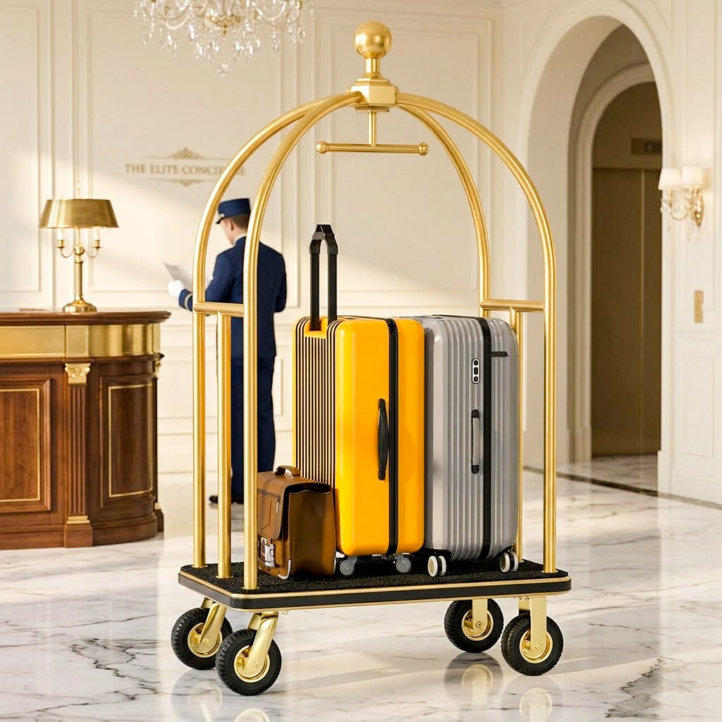 Classic gold birdcage luggage cart for bell service, hotel lobby operations, and guest luggage handling