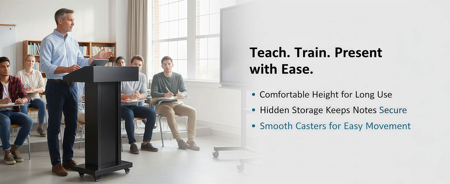 Comfortable height lectern podium with hidden storage and smooth casters - teach, train, present with ease in classrooms