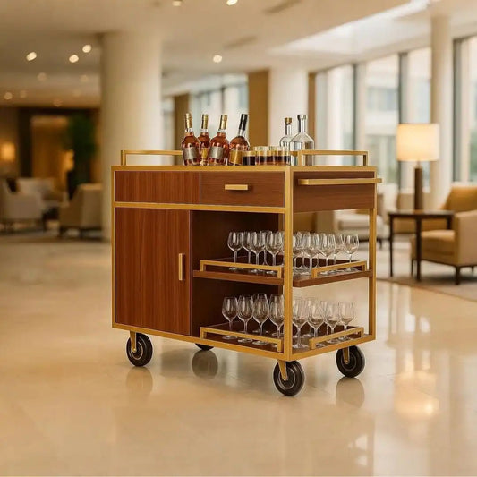 Commercial Beverage Service Cart – Wooden Multi - Tier Trolley with Enclosed Storage & Smooth - Rolling Wheels for Restaurant, Hotel & Banquet - CrazyAnt