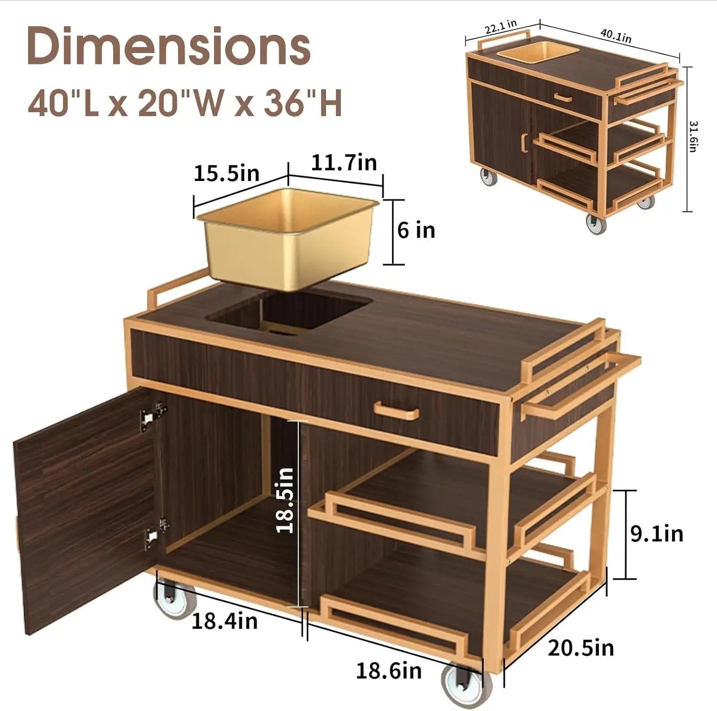 Commercial Beverage Service Cart – Wooden Multi - Tier Trolley with Enclosed Storage & Smooth - Rolling Wheels for Restaurant, Hotel & Banquet - CrazyAnt
