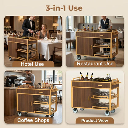 Commercial Beverage Service Cart – Wooden Multi - Tier Trolley with Enclosed Storage & Smooth - Rolling Wheels for Restaurant, Hotel & Banquet - CrazyAnt
