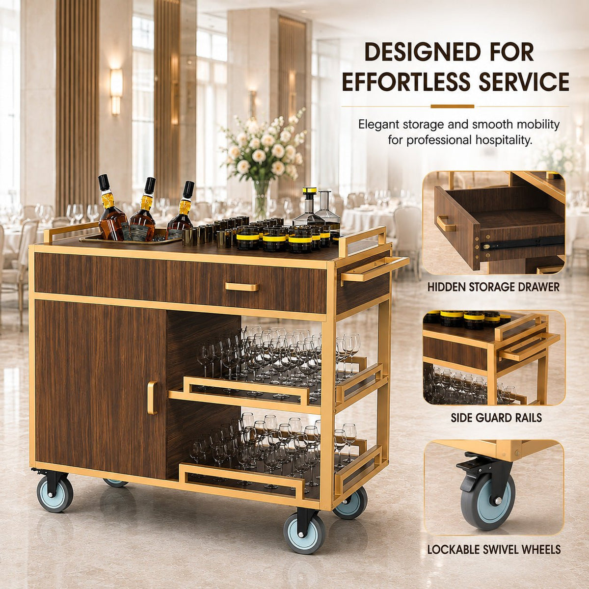 Commercial Beverage Service Cart – Wooden Multi-Tier Trolley with Enclosed Storage & Smooth-Rolling Wheels for Restaurant, Hotel & Banquet - CrazyAnt