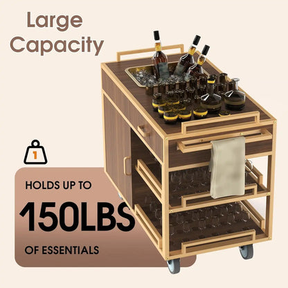 Commercial Beverage Service Cart – Wooden Multi - Tier Trolley with Enclosed Storage & Smooth - Rolling Wheels for Restaurant, Hotel & Banquet - CrazyAnt