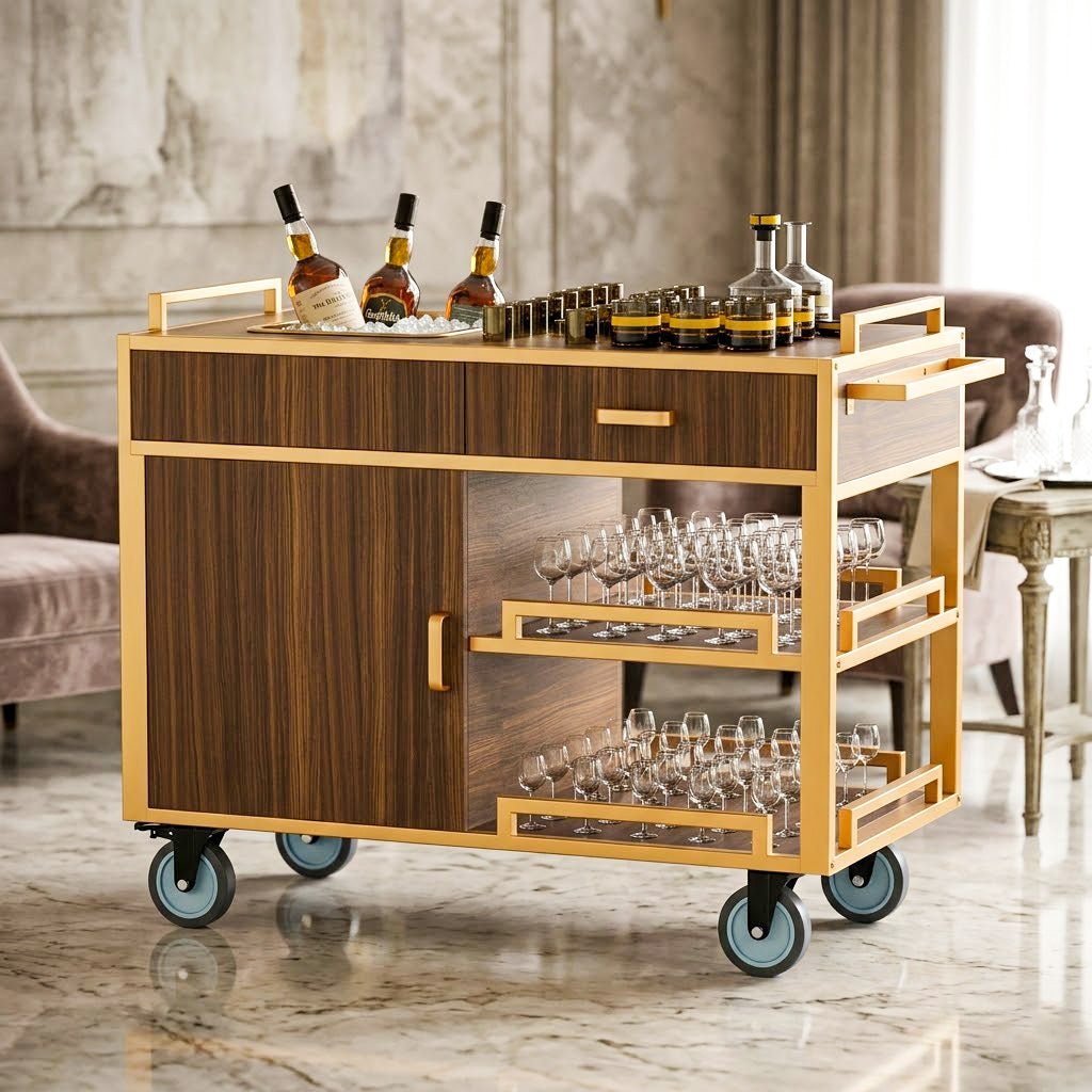 Commercial Beverage Service Cart – Wooden Multi-Tier Trolley with Enclosed Storage & Smooth-Rolling Wheels for Restaurant, Hotel & Banquet - CrazyAnt
