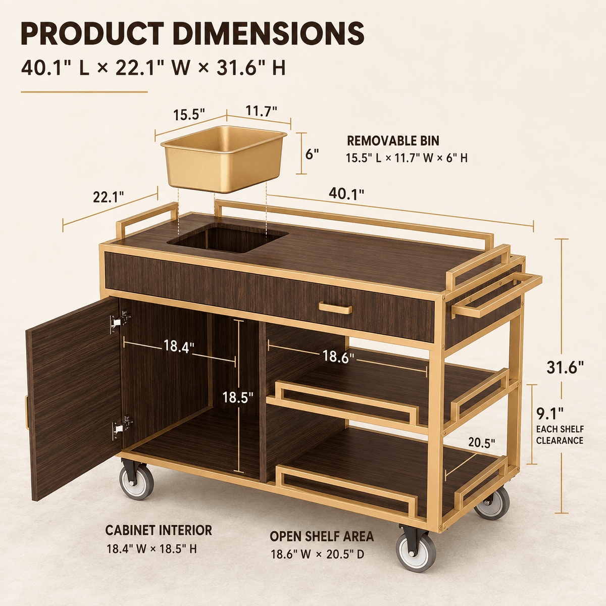Commercial Beverage Service Cart – Wooden Multi-Tier Trolley with Enclosed Storage & Smooth-Rolling Wheels for Restaurant, Hotel & Banquet - CrazyAnt