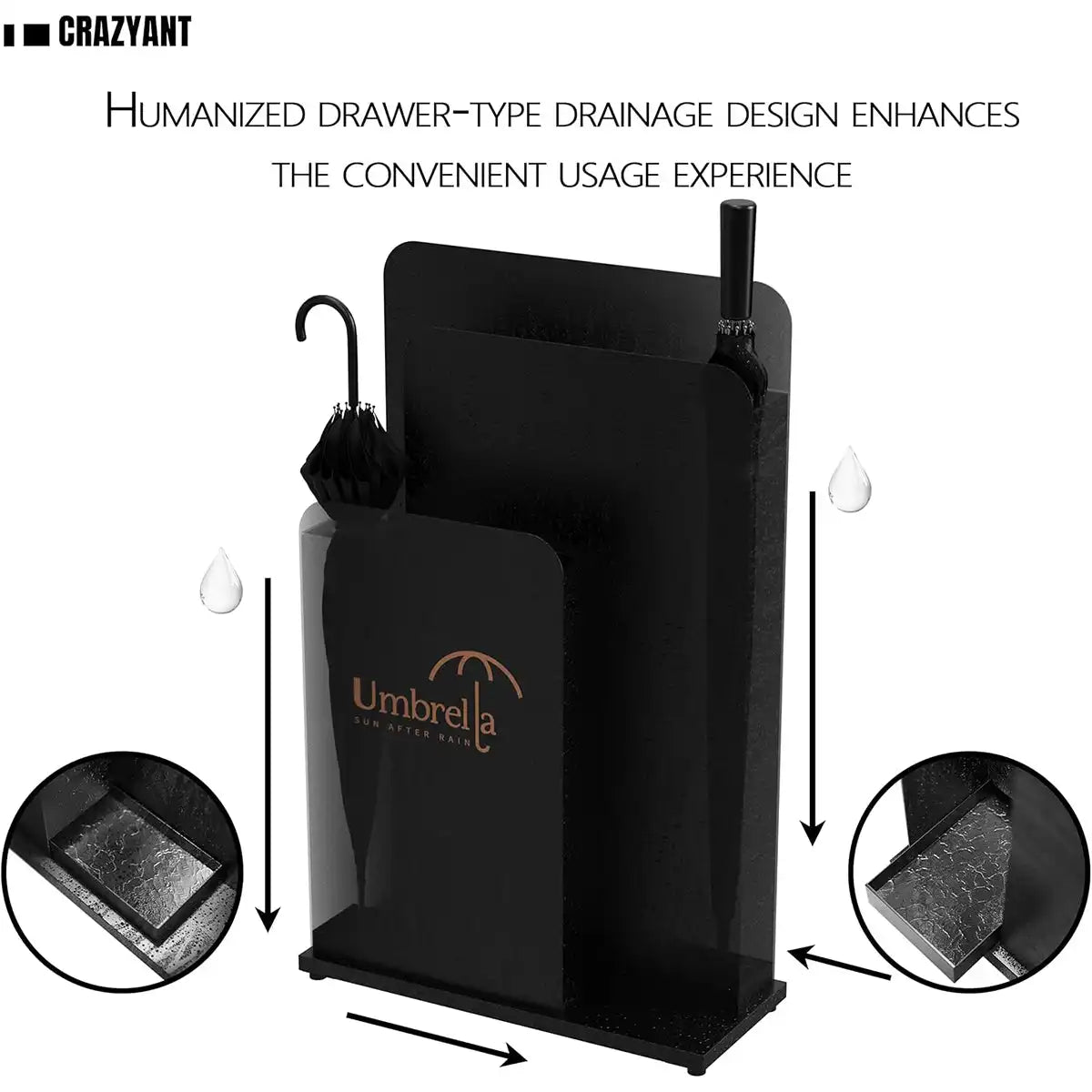 Commercial Indoor Umbrella Stand – Tall Wet Umbrella Holder with Drip Tray, Black for Lobby, Entryway, Hotel & Office - CrazyAnt