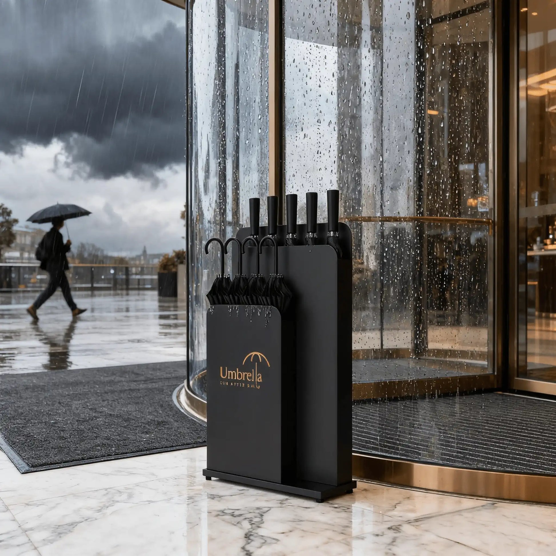Commercial Indoor Umbrella Stand – Tall Wet Umbrella Holder with Drip Tray, Black for Lobby, Entryway, Hotel & Office - CrazyAnt