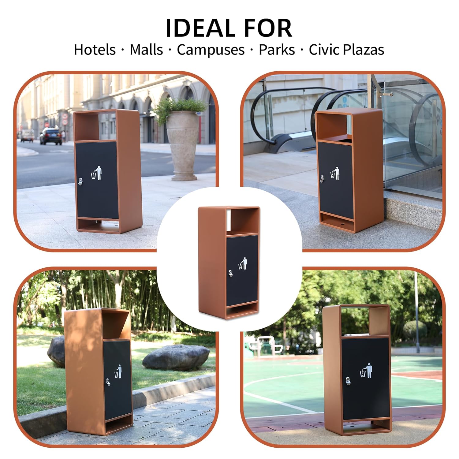 Commercial outdoor trash cans with lids ideal for hotels, shopping malls, university campuses, public parks, and civic plazas