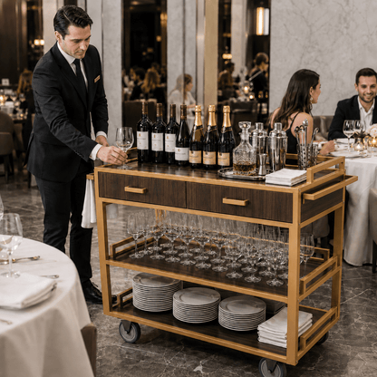 Commercial Restaurant Service Cart – Wooden Multi-Tier Open Shelf with Hidden Drawer, Side Guards & Lockable Wheels, 150 lbs - CrazyAnt