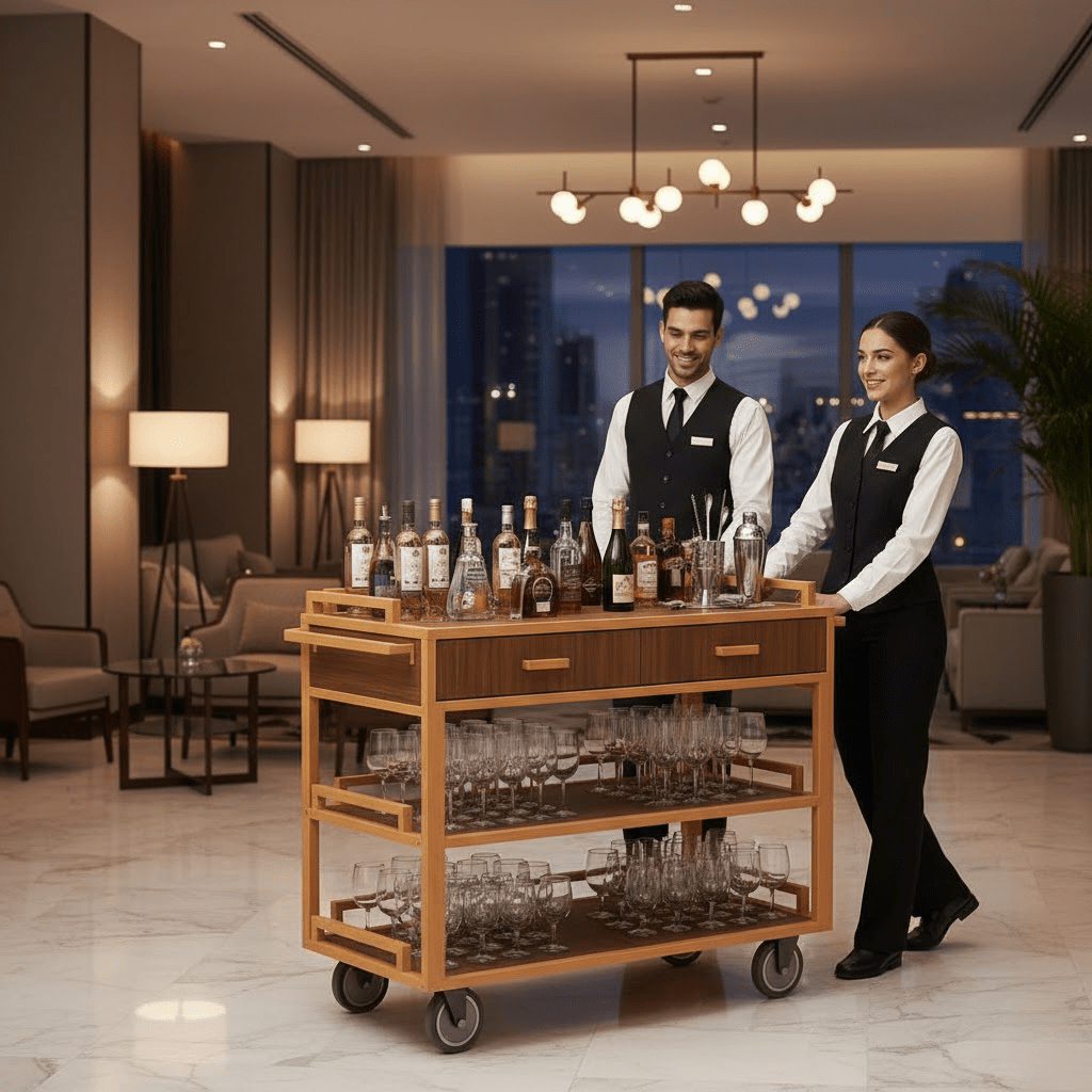 Commercial Restaurant Service Cart – Wooden Multi-Tier Open Shelf with Hidden Drawer, Side Guards & Lockable Wheels, 150 lbs - CrazyAnt