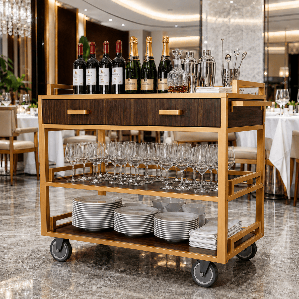 Commercial Restaurant Service Cart – Wooden Multi-Tier Open Shelf with Hidden Drawer, Side Guards & Lockable Wheels, 150 lbs - CrazyAnt