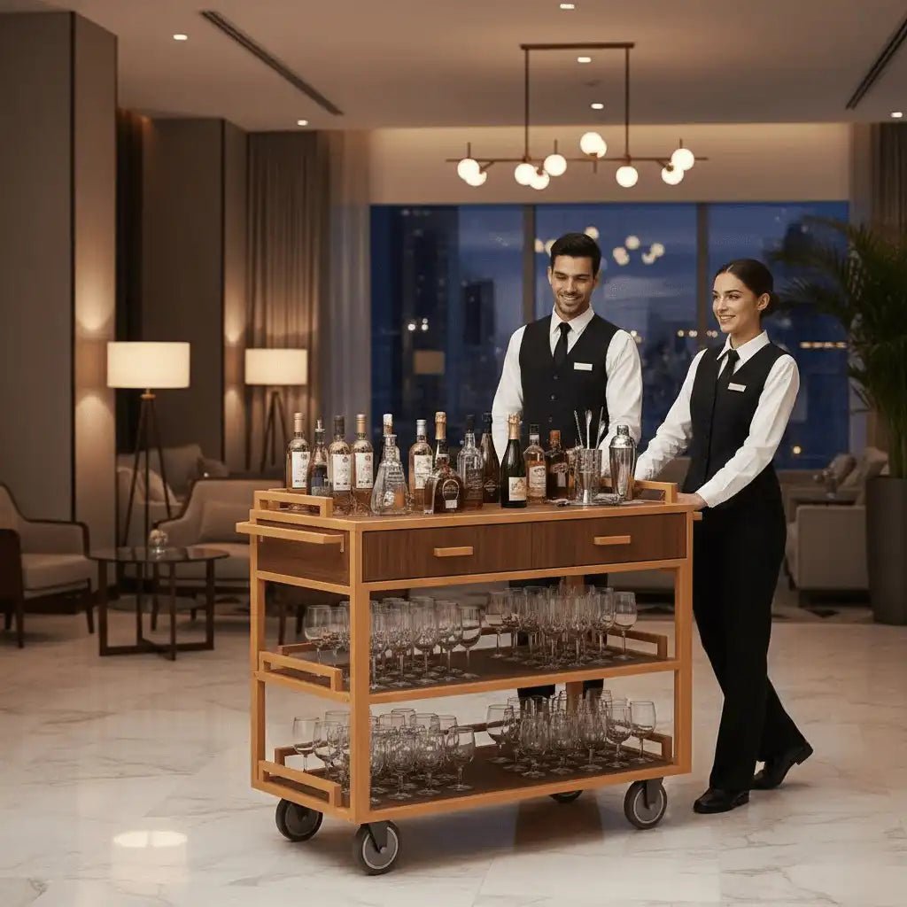 Commercial Restaurant Service Cart – Wooden Multi - Tier Open Shelf with Hidden Drawer, Side Guards & Lockable Wheels, 150 lbs - CrazyAnt