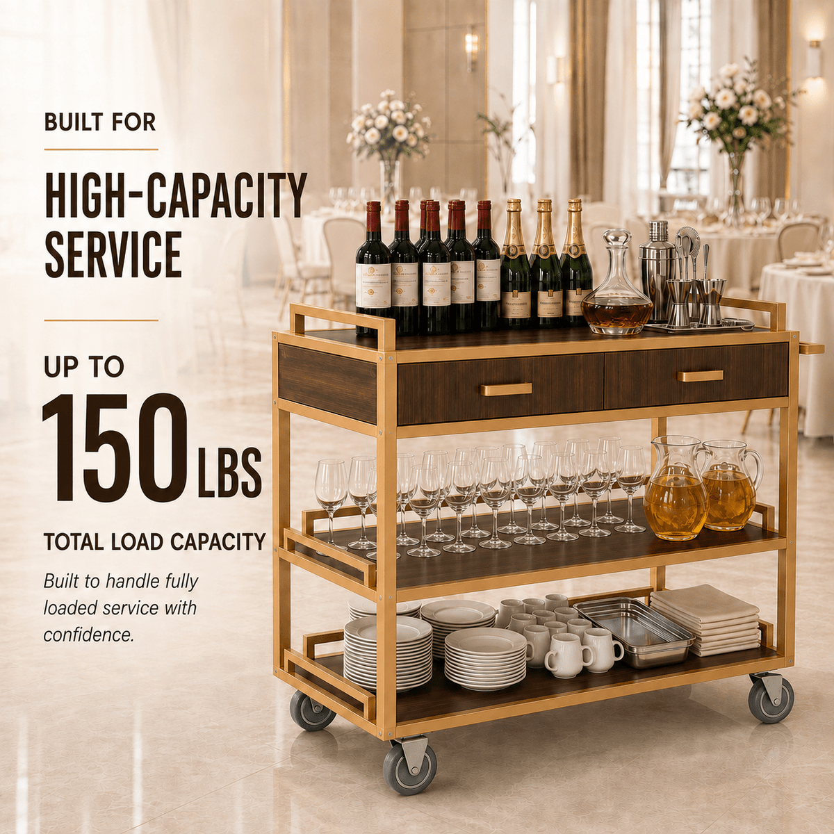 Commercial Restaurant Service Cart – Wooden Multi-Tier Open Shelf with Hidden Drawer, Side Guards & Lockable Wheels, 150 lbs - CrazyAnt