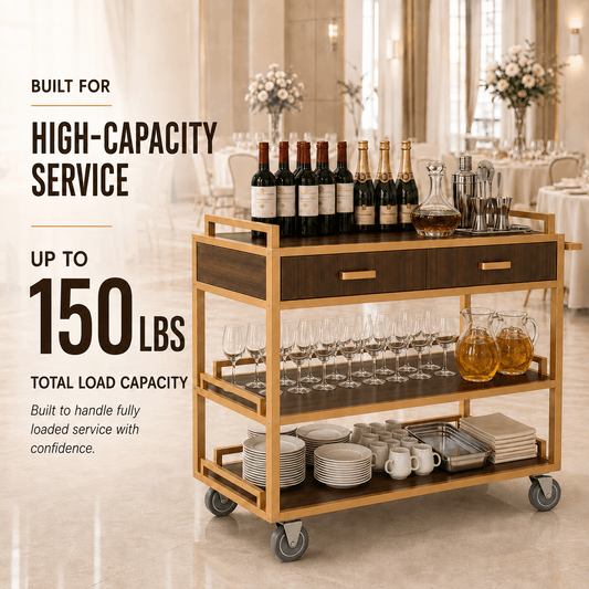 Commercial Restaurant Service Cart – Wooden Multi-Tier Open Shelf with Hidden Drawer, Side Guards & Lockable Wheels, 150 lbs - CrazyAnt