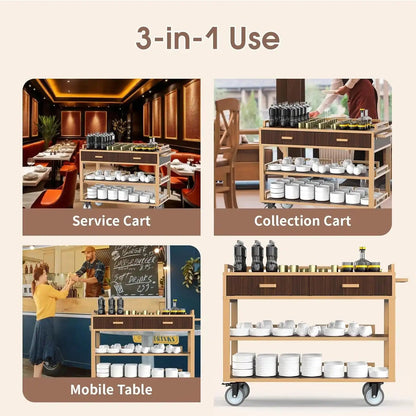 Commercial Restaurant Service Cart – Wooden Multi - Tier Open Shelf with Hidden Drawer, Side Guards & Lockable Wheels, 150 lbs - CrazyAnt