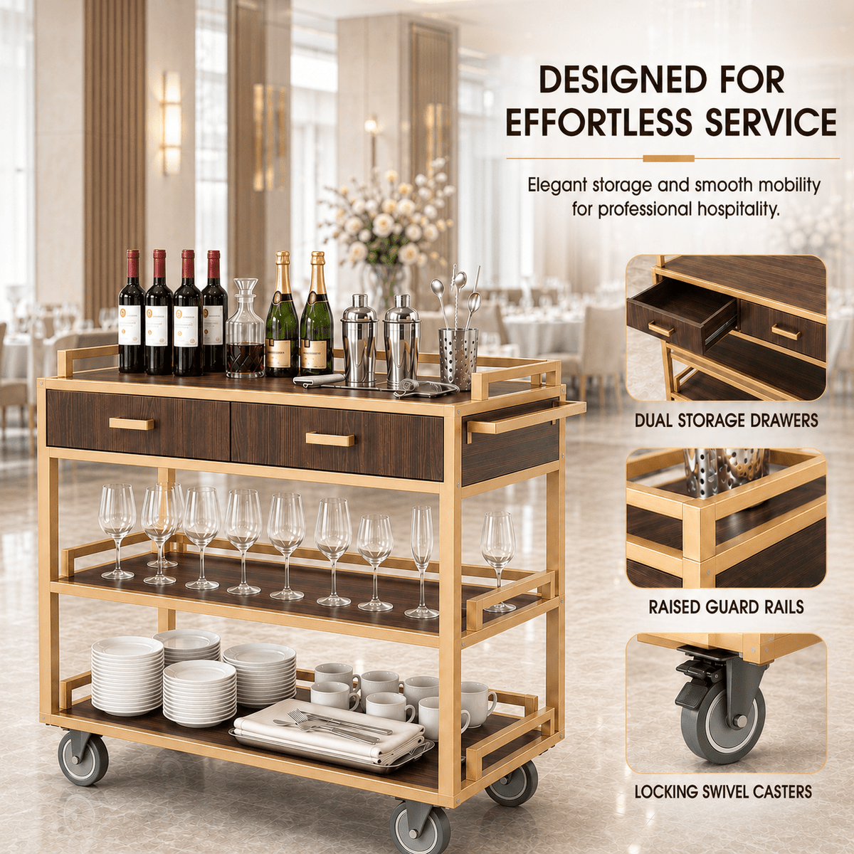 Commercial Restaurant Service Cart – Wooden Multi-Tier Open Shelf with Hidden Drawer, Side Guards & Lockable Wheels, 150 lbs - CrazyAnt