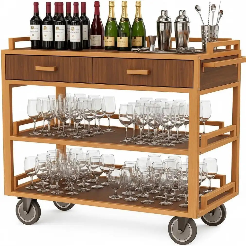 Commercial Restaurant Service Cart – Wooden Multi - Tier Open Shelf with Hidden Drawer, Side Guards & Lockable Wheels, 150 lbs - CrazyAnt