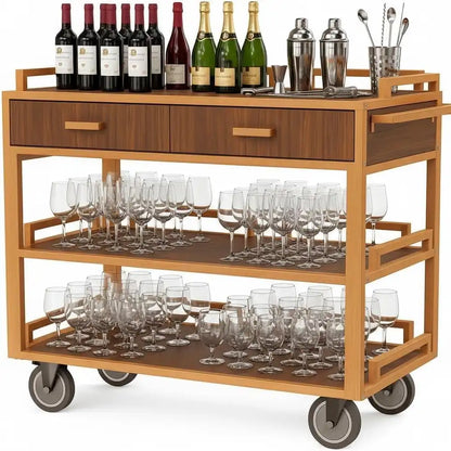 Commercial Restaurant Service Cart – Wooden Multi - Tier Open Shelf with Hidden Drawer, Side Guards & Lockable Wheels, 150 lbs - CrazyAnt