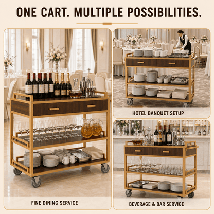Commercial Restaurant Service Cart – Wooden Multi-Tier Open Shelf with Hidden Drawer, Side Guards & Lockable Wheels, 150 lbs - CrazyAnt