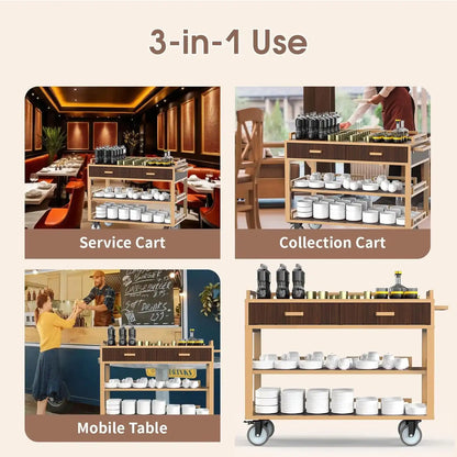 Commercial Restaurant Service Cart – Wooden Multi - Tier Open Shelf with Hidden Drawer, Side Guards & Lockable Wheels, 150 lbs - CrazyAnt
