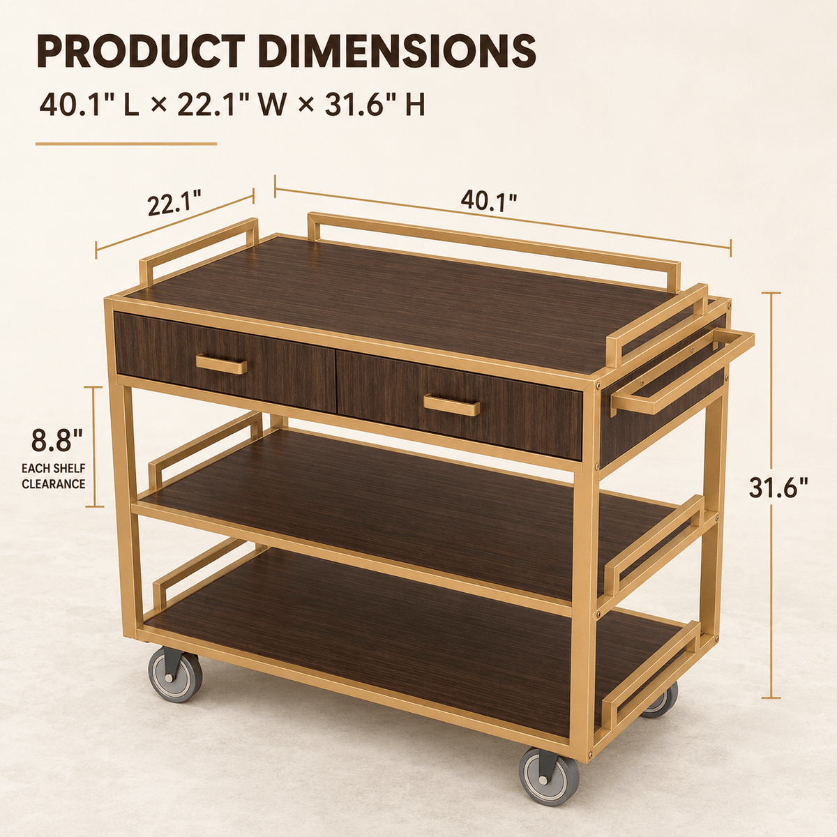 Commercial Restaurant Service Cart – Wooden Multi-Tier Open Shelf with Hidden Drawer, Side Guards & Lockable Wheels, 150 lbs - CrazyAnt