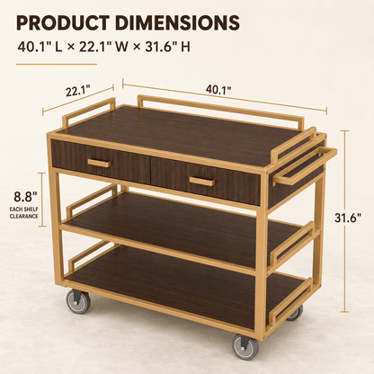 Commercial Restaurant Service Cart – Wooden Multi-Tier Open Shelf with Hidden Drawer, Side Guards & Lockable Wheels, 150 lbs - CrazyAnt