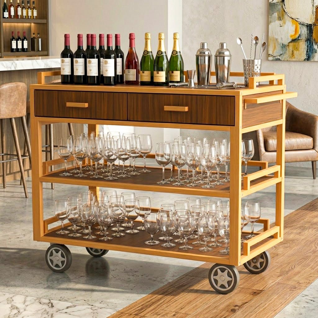 Commercial Restaurant Service Cart – Wooden Multi-Tier Open Shelf with Hidden Drawer, Side Guards & Lockable Wheels, 150 lbs - CrazyAnt