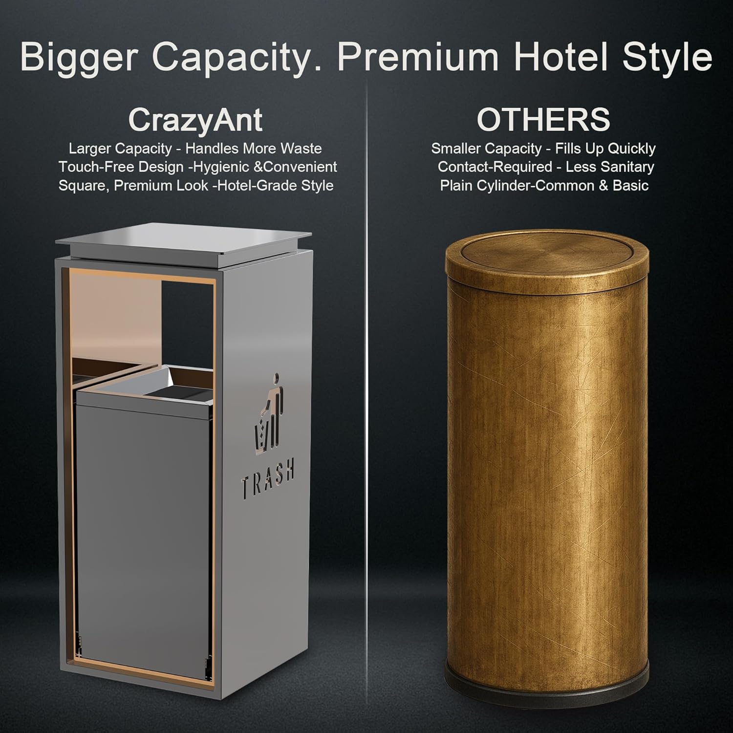 Commercial stainless steel trash can with lid comparison - CrazyAnt premium hotel style outdoor trash container versus basic cylindrical steel trash cans outdoor models
